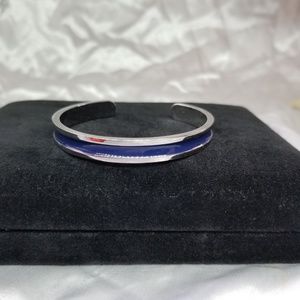 Concave Silver tone  and Blue Enamel Cuff Bracelet